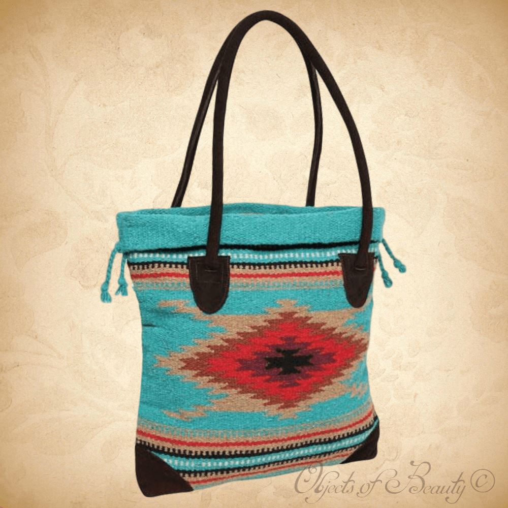 Walks Ahead Turquoise and Red Diamond Woven Tote Handwoven Bag Objects of Beauty 