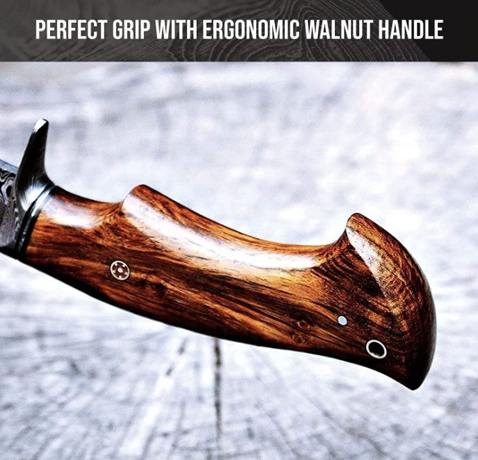 Walnut Damascus Bushcraft Knife | Yellowstone Spirit Southwestern Collection |  BigCat Knives | Walnut Handle closeup